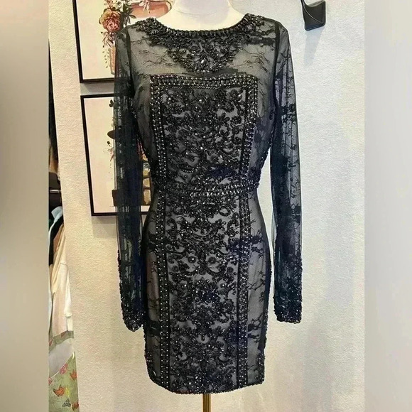 NWT RACHEL ALLAN SHORT BEADED BLACK DRESS STYLE 4508 SIZE 4 Org $498 - Picture 3 of 12